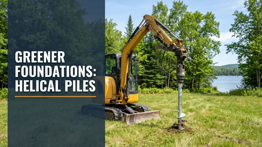Steel helical pile screwed into an intact grassy lakeside lot, showing why helical piles are environmentally friendly