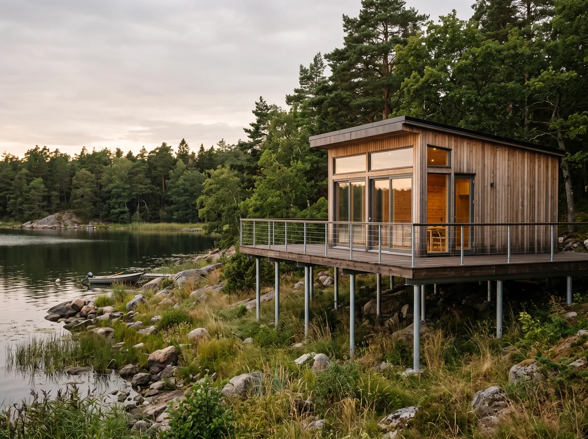 Timber deck raised on helical pile posts above an undisturbed natural shoreline