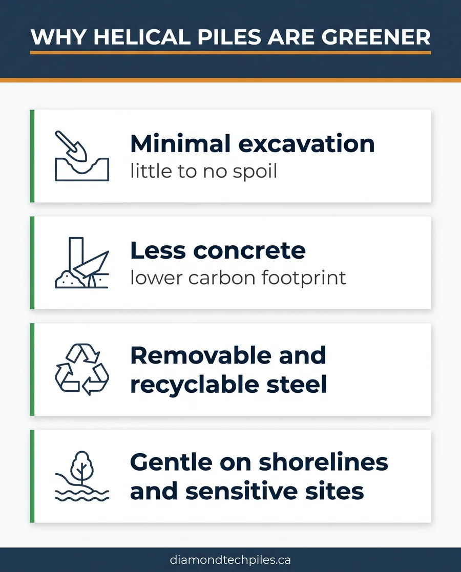 Card guide showing four reasons helical piles are a greener foundation choice